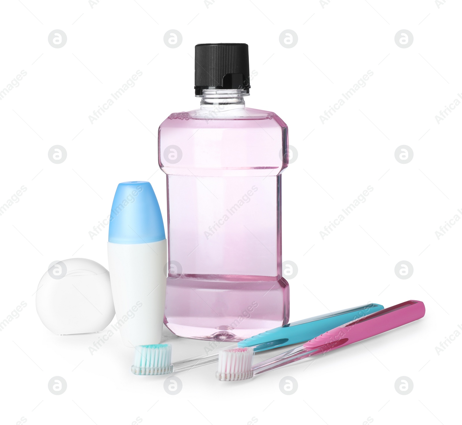 Photo of Items for teeth care and personal hygiene on white background