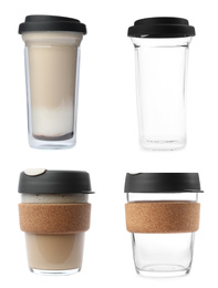 Image of Set of glass takeaway coffee cups on white background