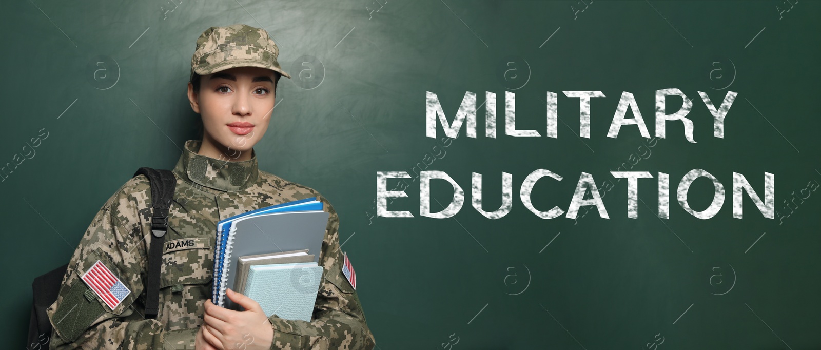 Image of Military education. Cadet with backpack and notebooks near green chalkboard