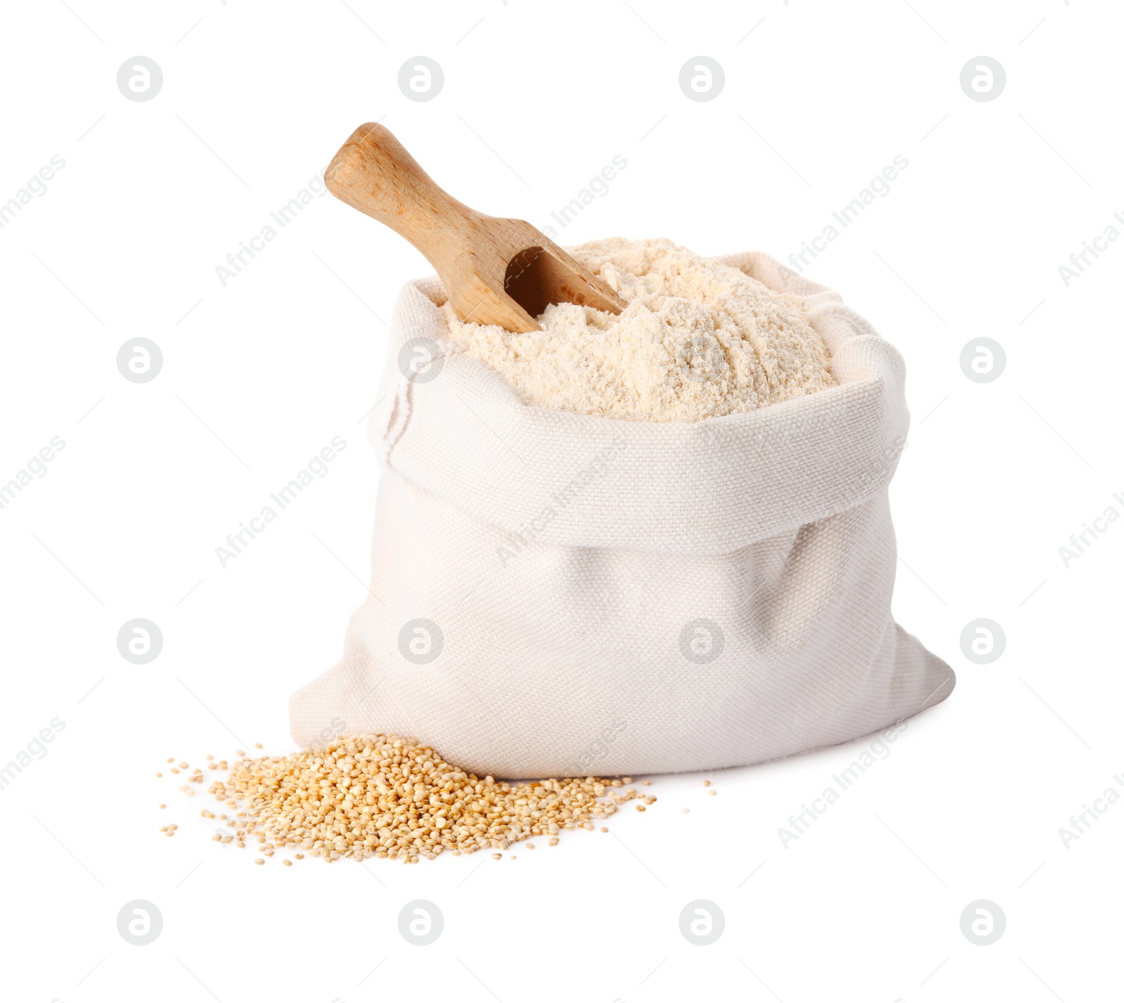 Photo of Sack with quinoa flour, scoop and seeds on white background