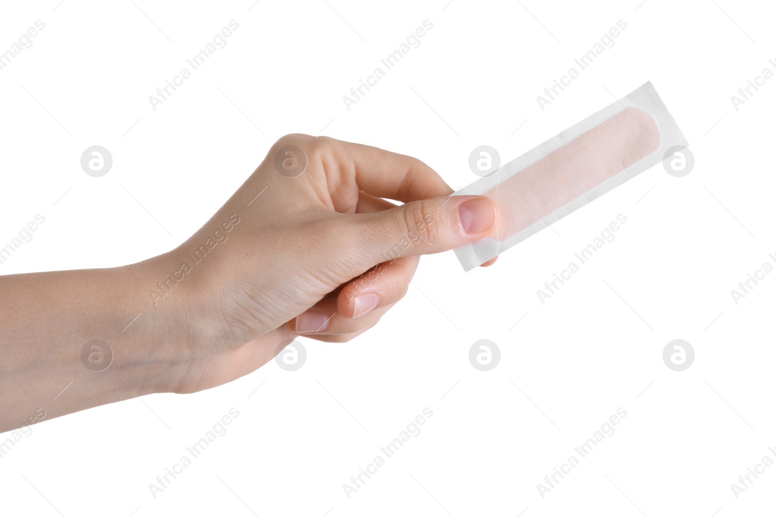 Photo of Woman holding medical adhesive bandage isolated on white, closeup