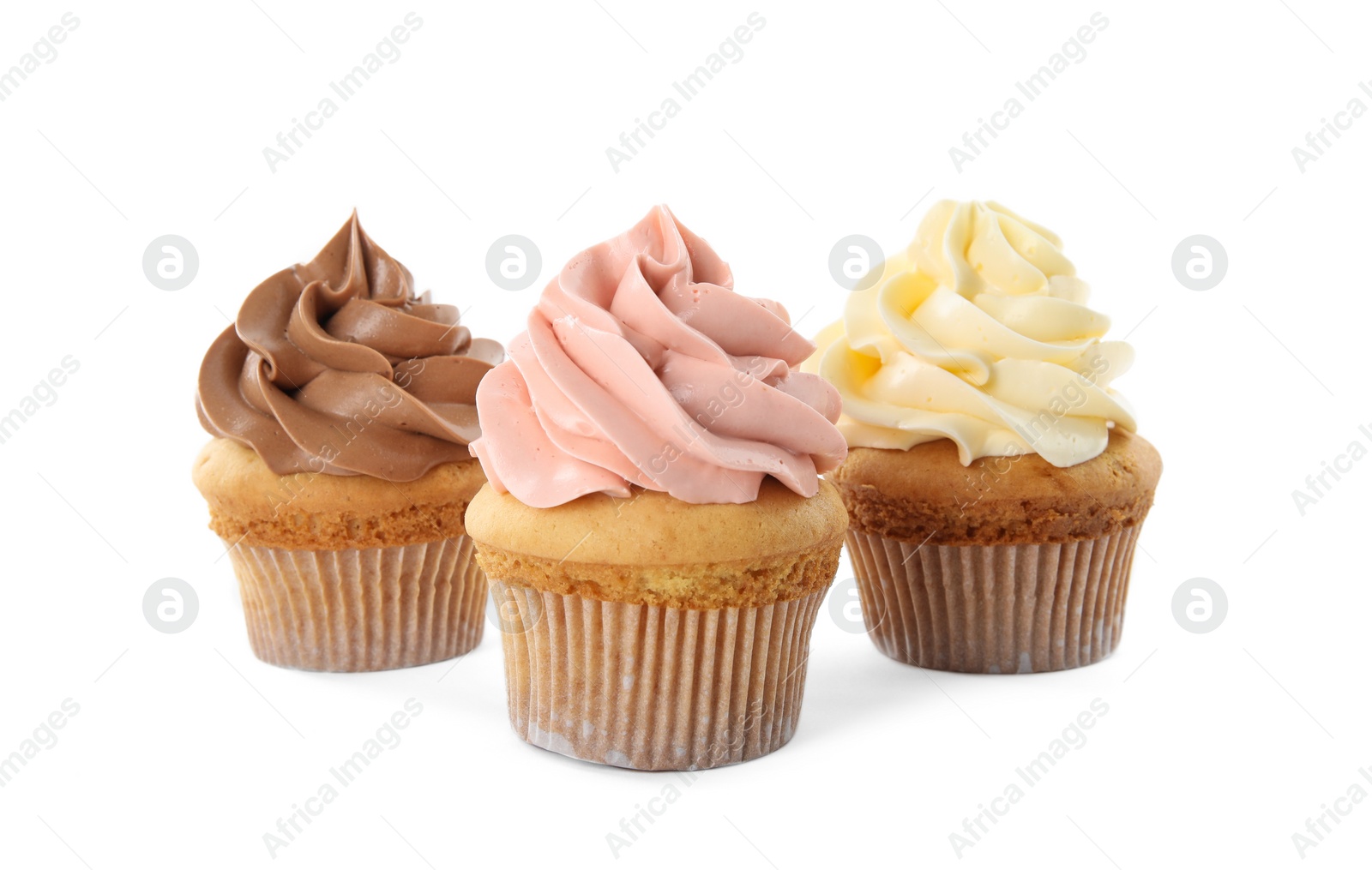 Photo of Delicious birthday cupcakes decorated with cream on white background