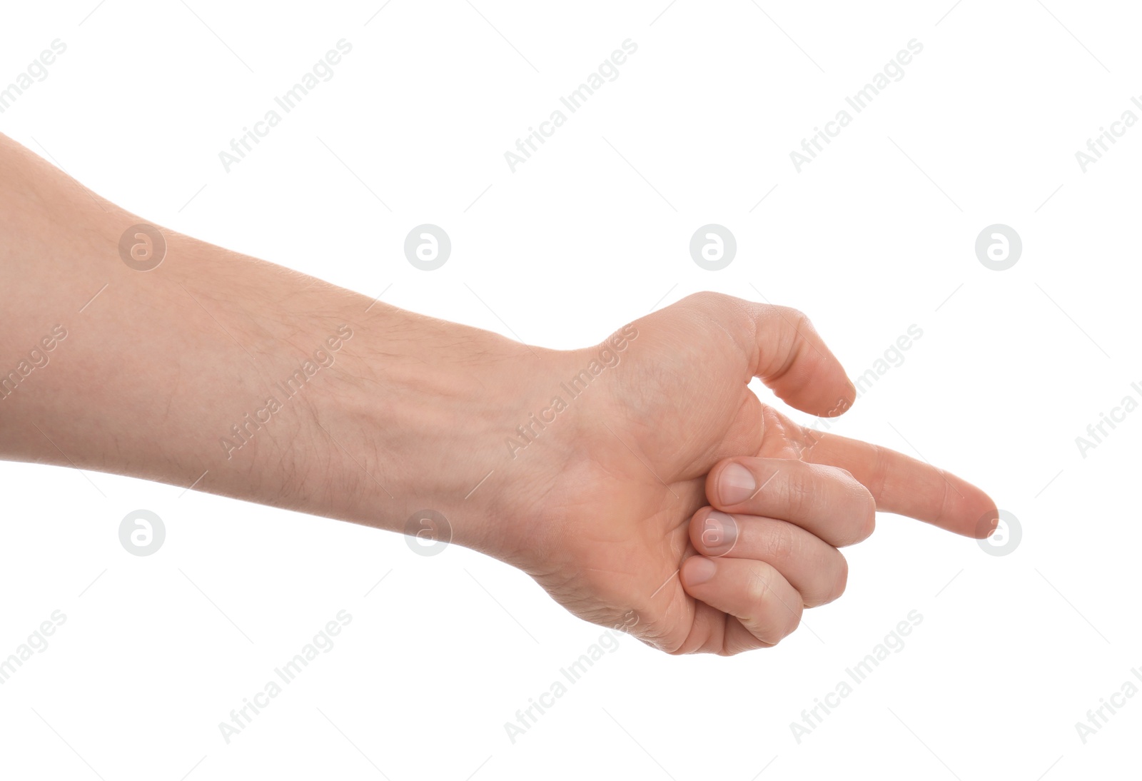Photo of Man pointing with index finger on white background, closeup