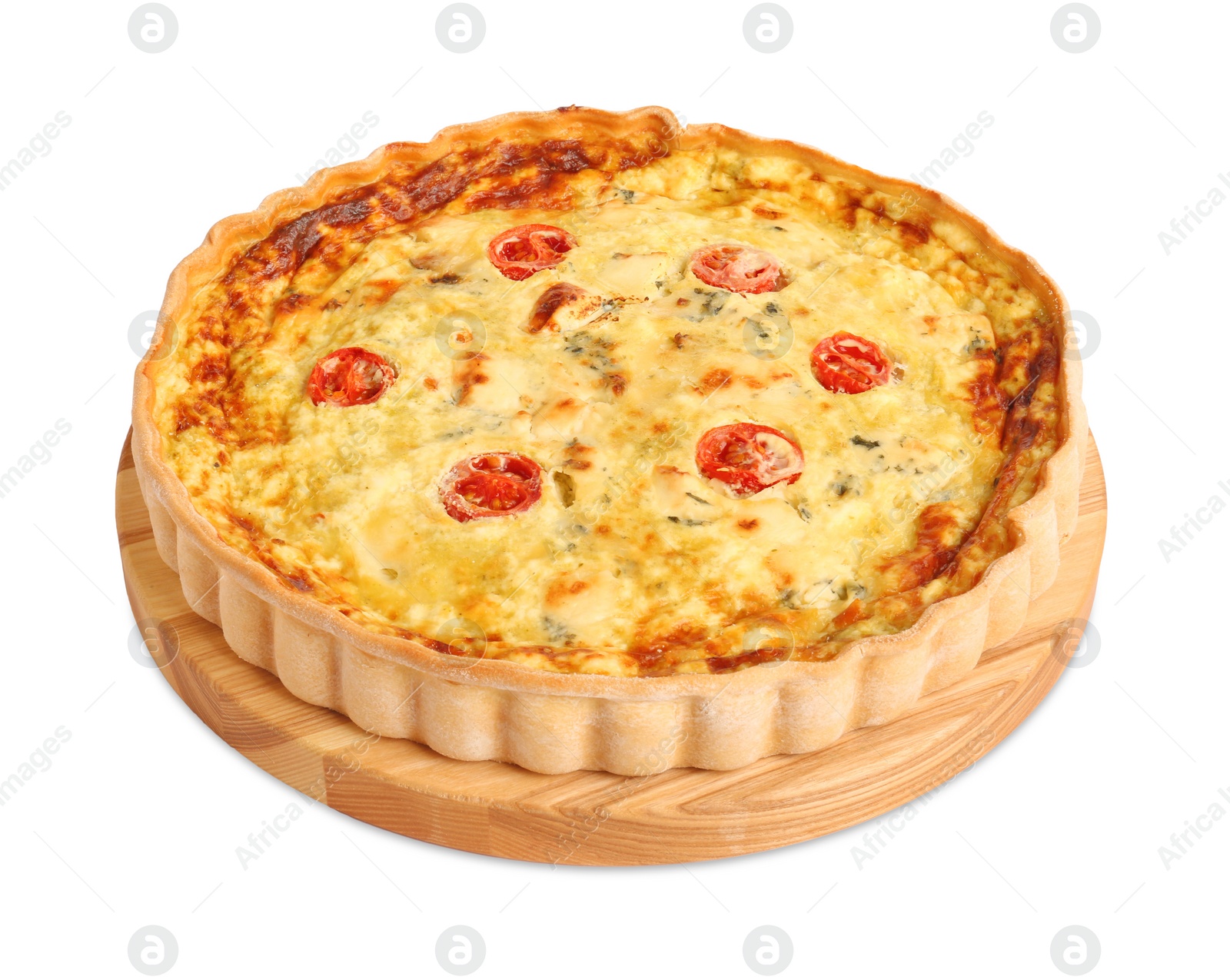 Photo of Delicious quiche with cheese and tomatoes isolated on white