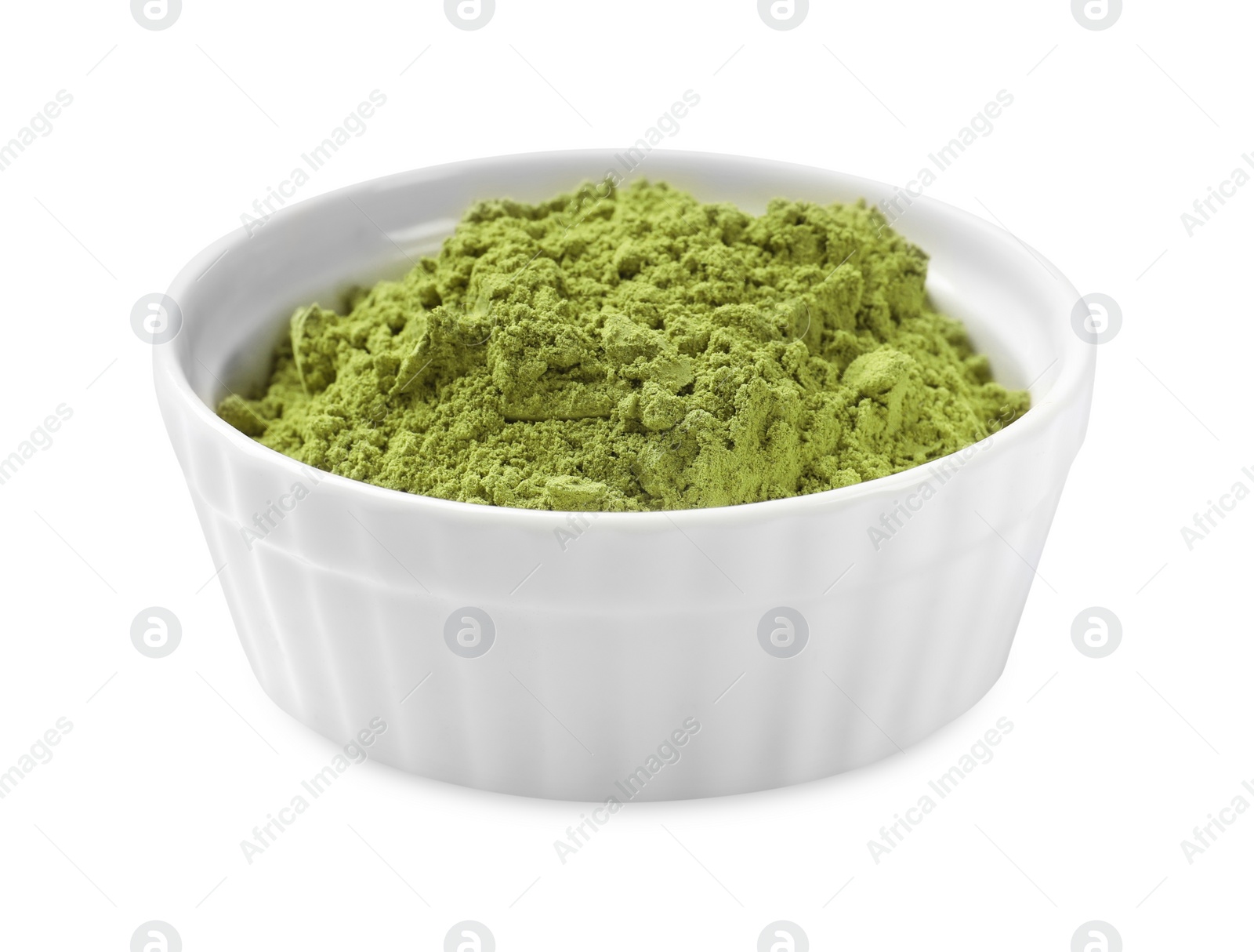 Photo of Henna powder in bowl isolated on white