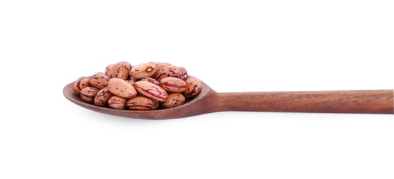 Photo of Wooden spoon with dry kidney beans isolated on white