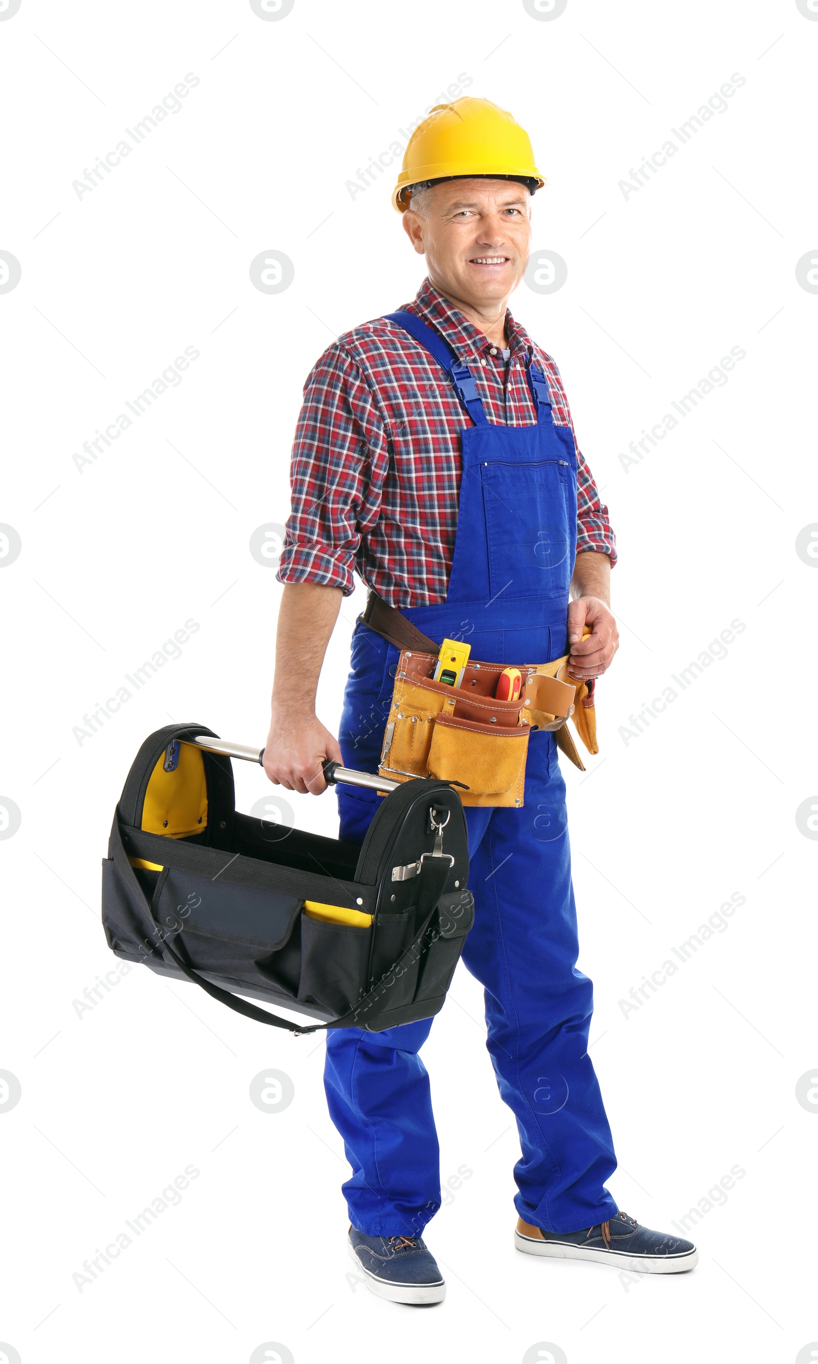 Photo of Electrician with tools wearing uniform on white background