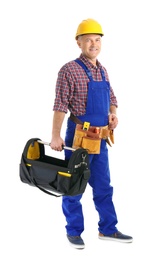 Photo of Electrician with tools wearing uniform on white background