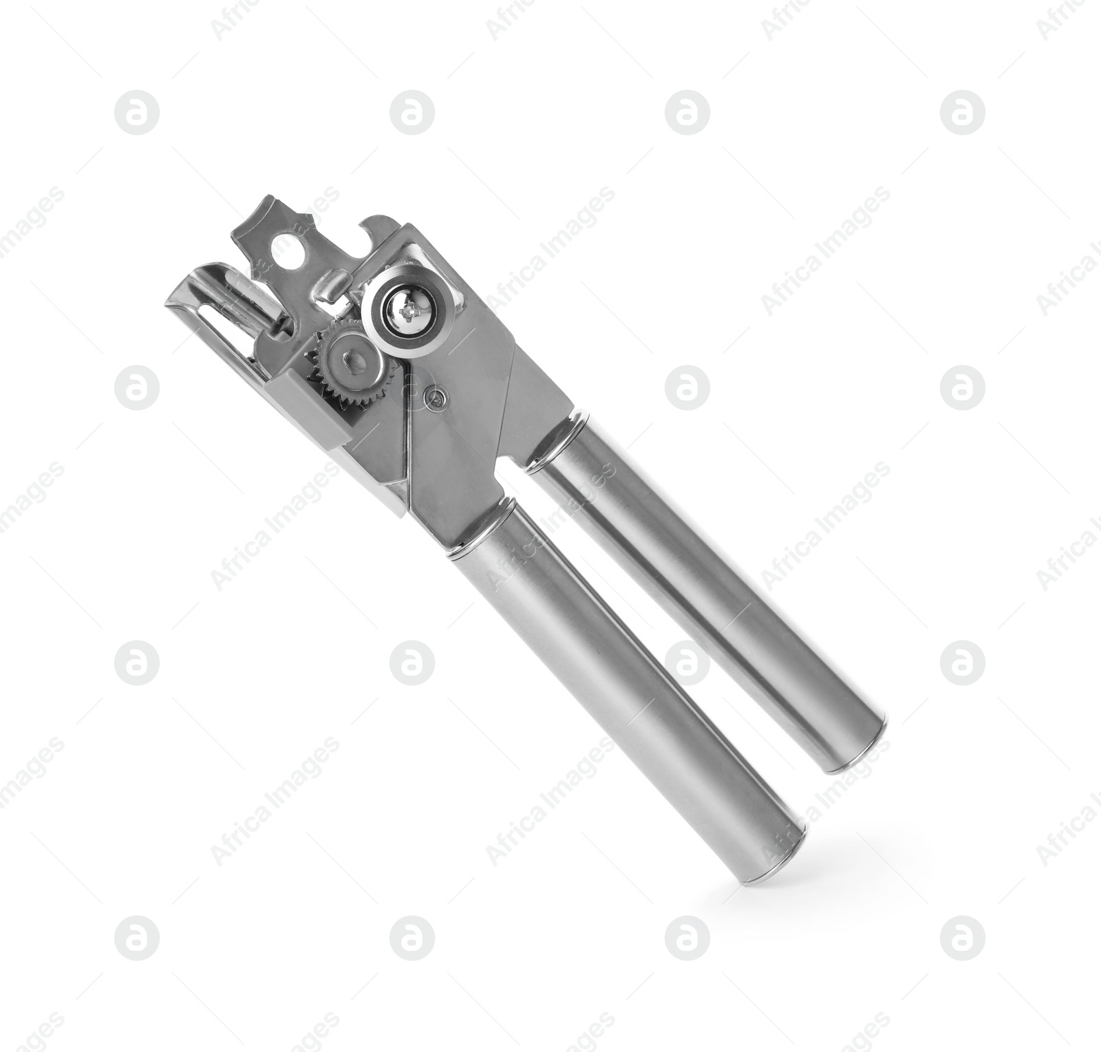 Photo of Can opener on white background. Kitchen utensils