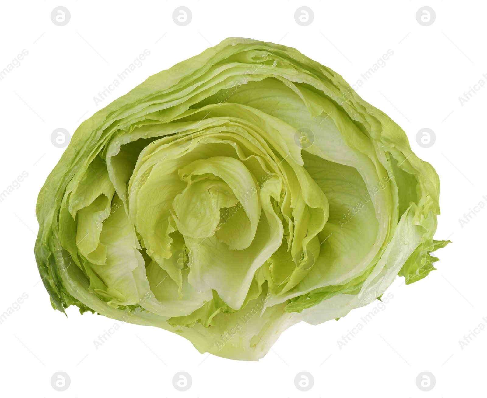 Photo of Half of fresh green iceberg lettuce isolated on white, top view