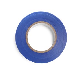 Photo of Blue insulating tape isolated on white, top view