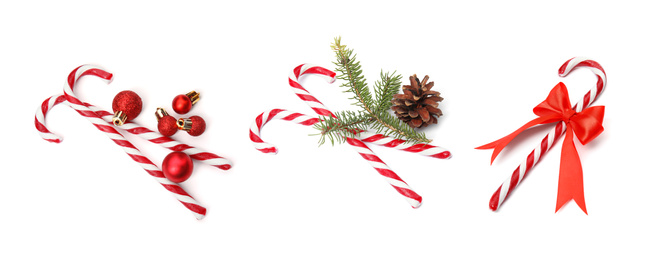 Image of Set of tasty Christmas candy canes on white background. Banner design