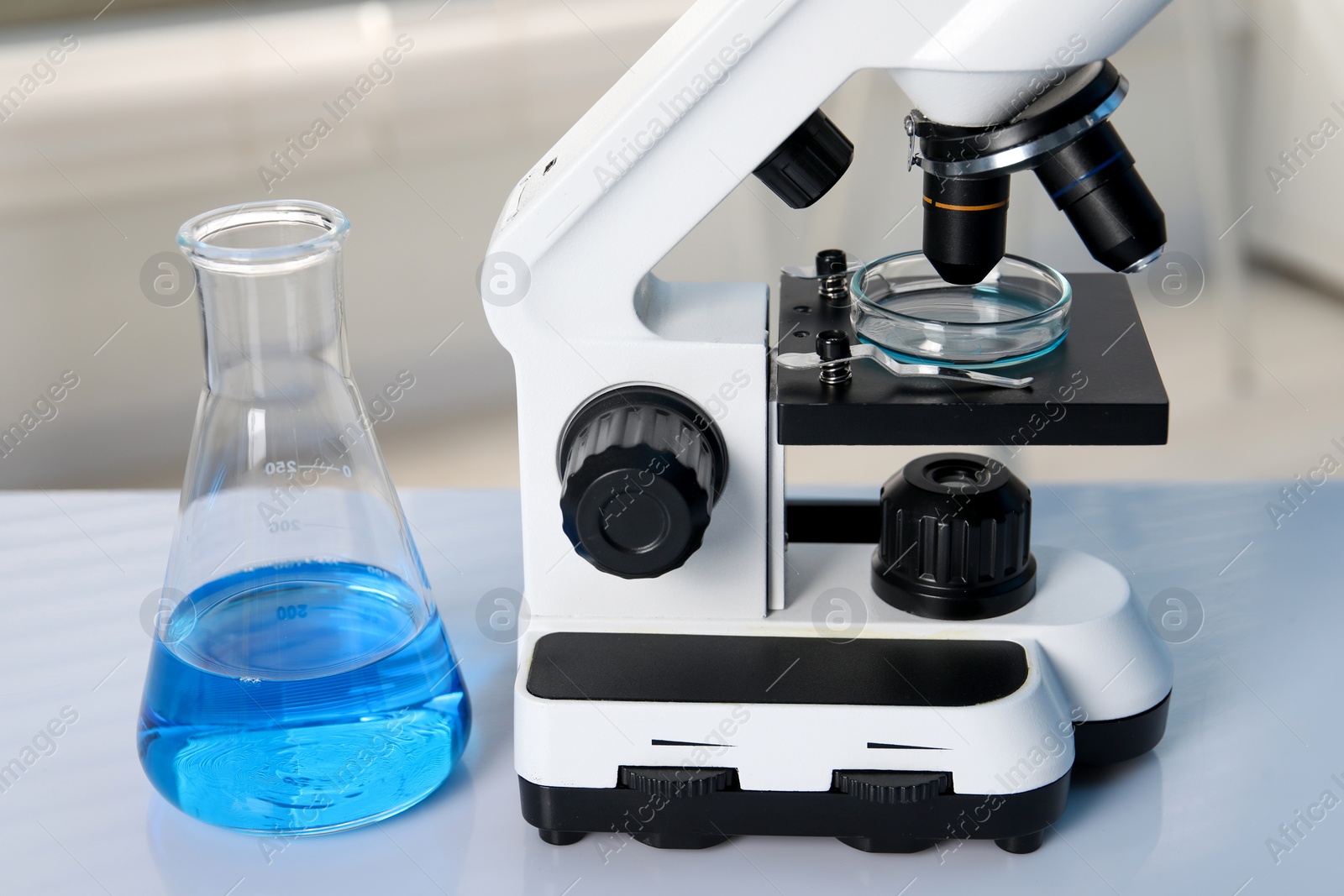 Photo of Laboratory analysis. Flask with blue liquid, petri dish and microscope on white table indoors