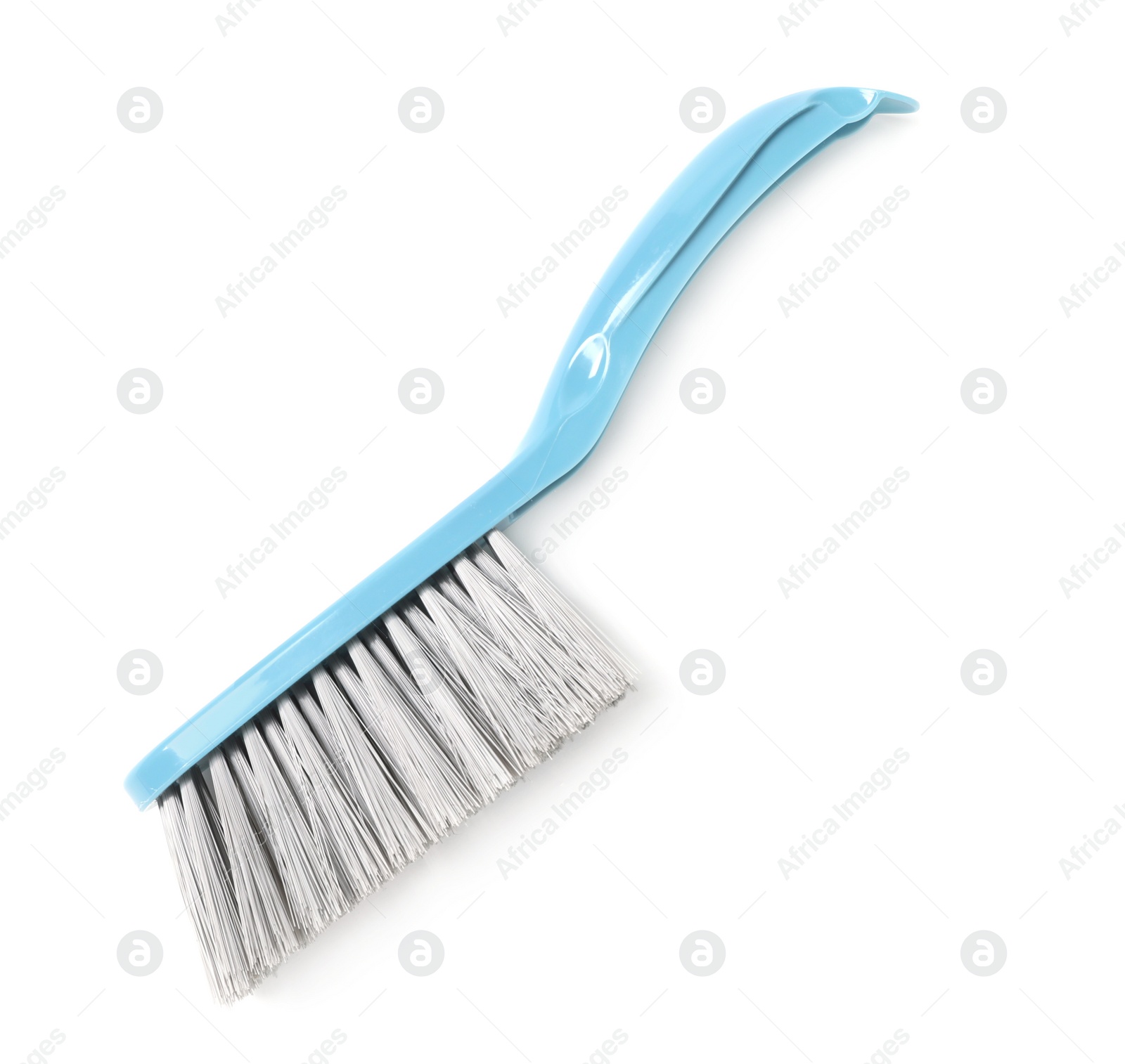 Photo of Plastic hand broom on white background, top view