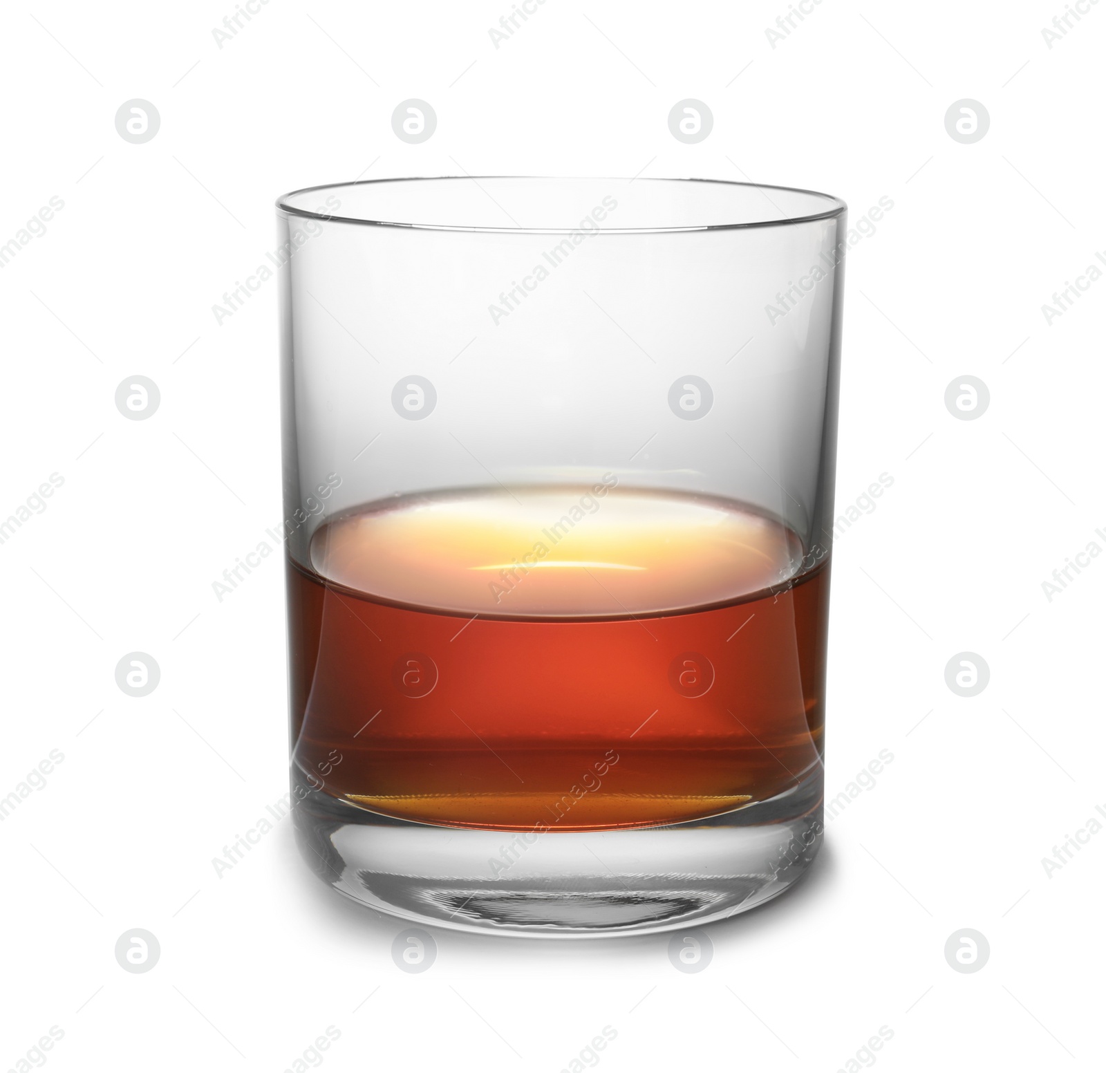 Photo of Glass of scotch whiskey on white background