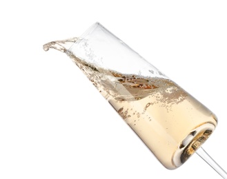 Glass of champagne on white background. Festive drink