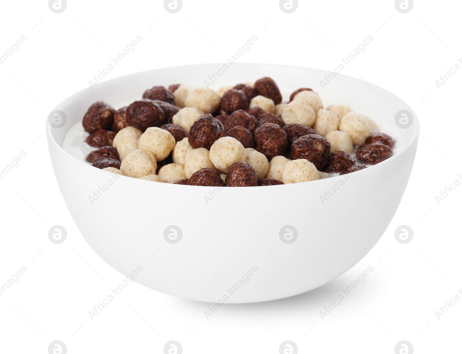 Photo of Breakfast cereal. Tasty corn balls with milk in bowl isolated on white