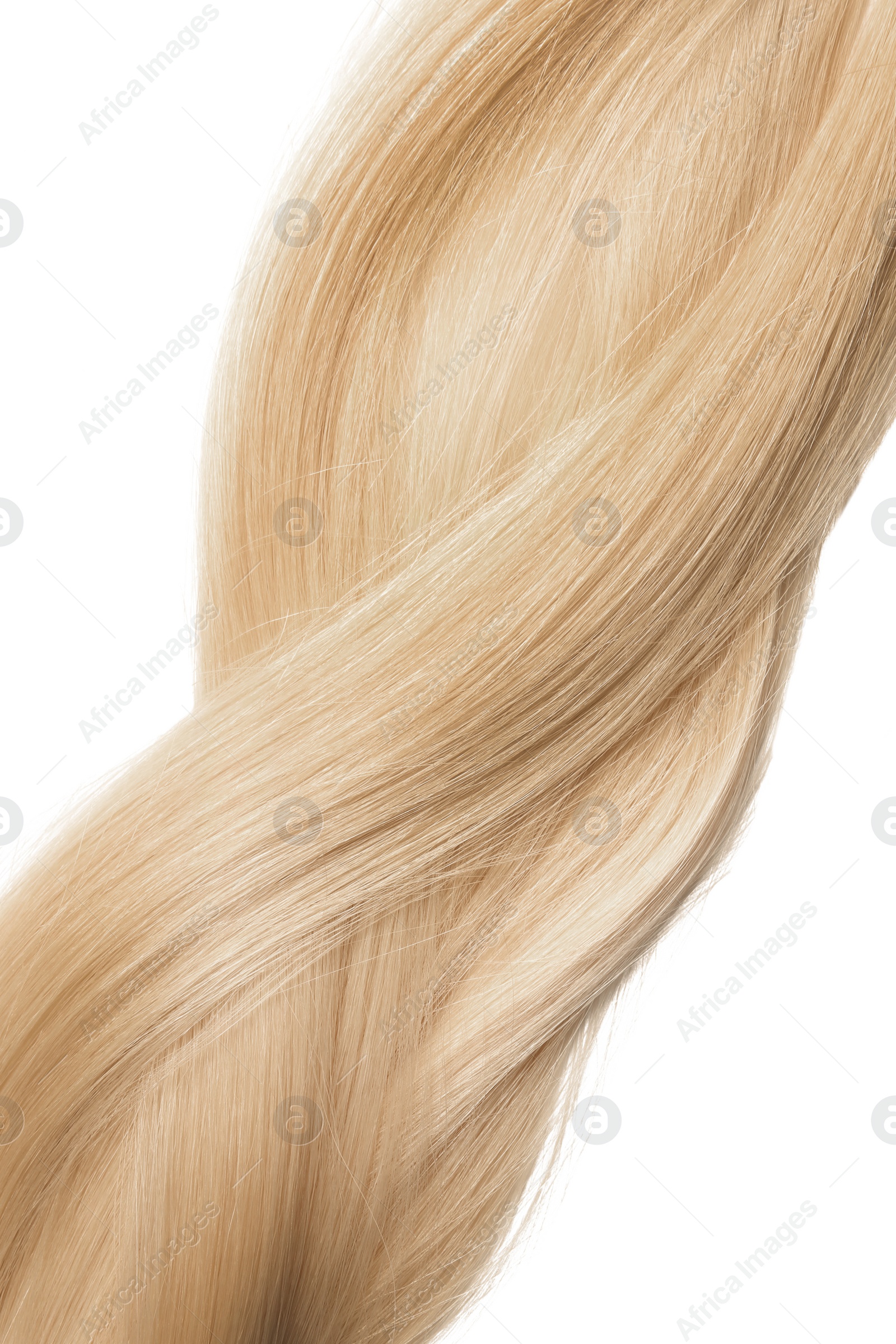 Photo of Strand of healthy blond hair on white background