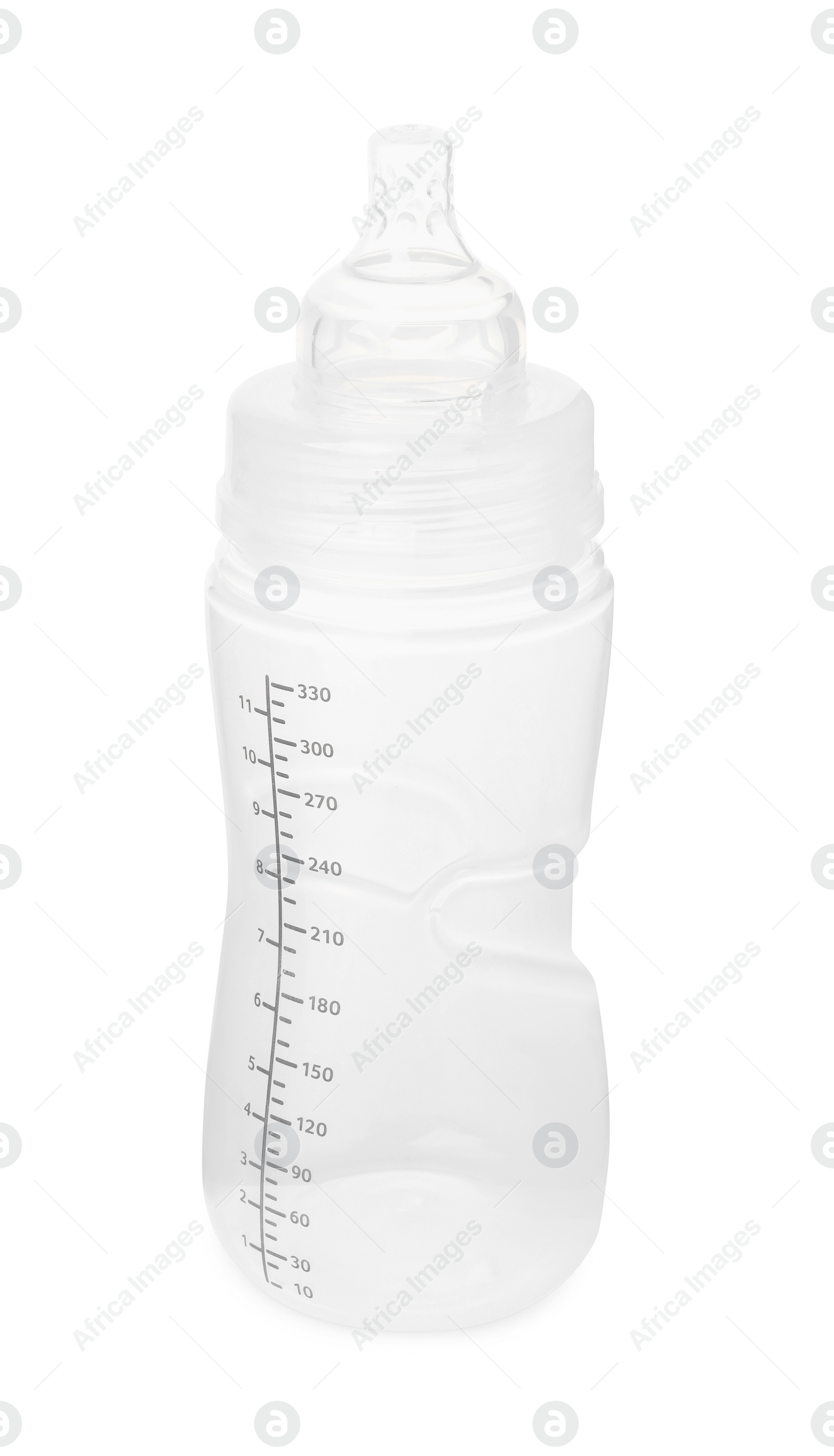 Photo of One empty feeding bottle for infant formula isolated on white