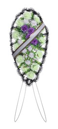 Photo of Funeral wreath of plastic flowers against white background