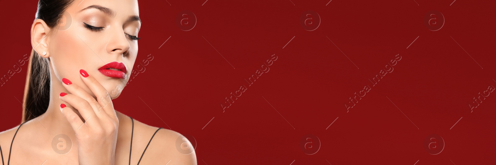 Image of Woman with beautiful lips on red background, space for text. Banner design