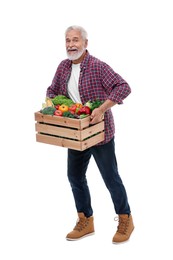 Harvesting season. Happy farmer holding wooden crate with vegetables on white background