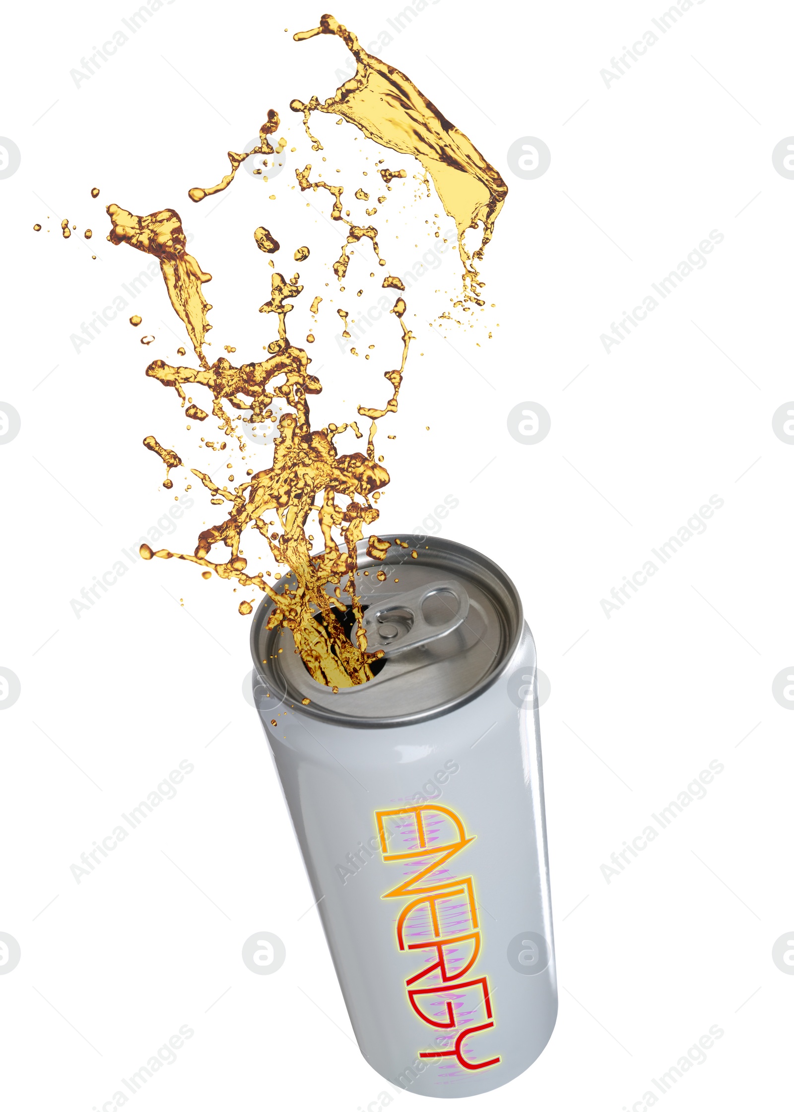 Image of Can of energy drink with splashes on white background