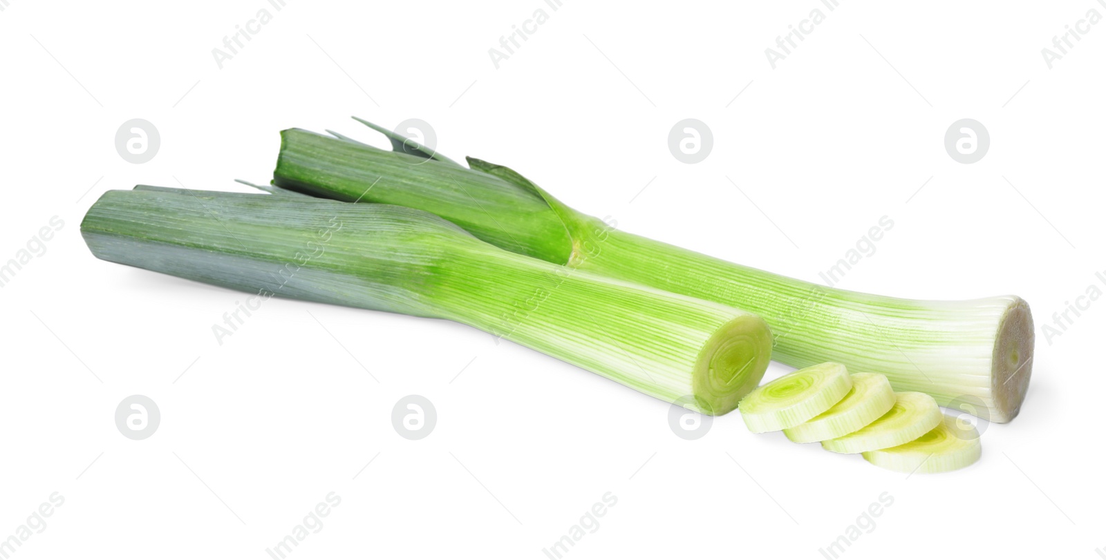 Photo of Fresh raw leeks on white background. Ripe onion