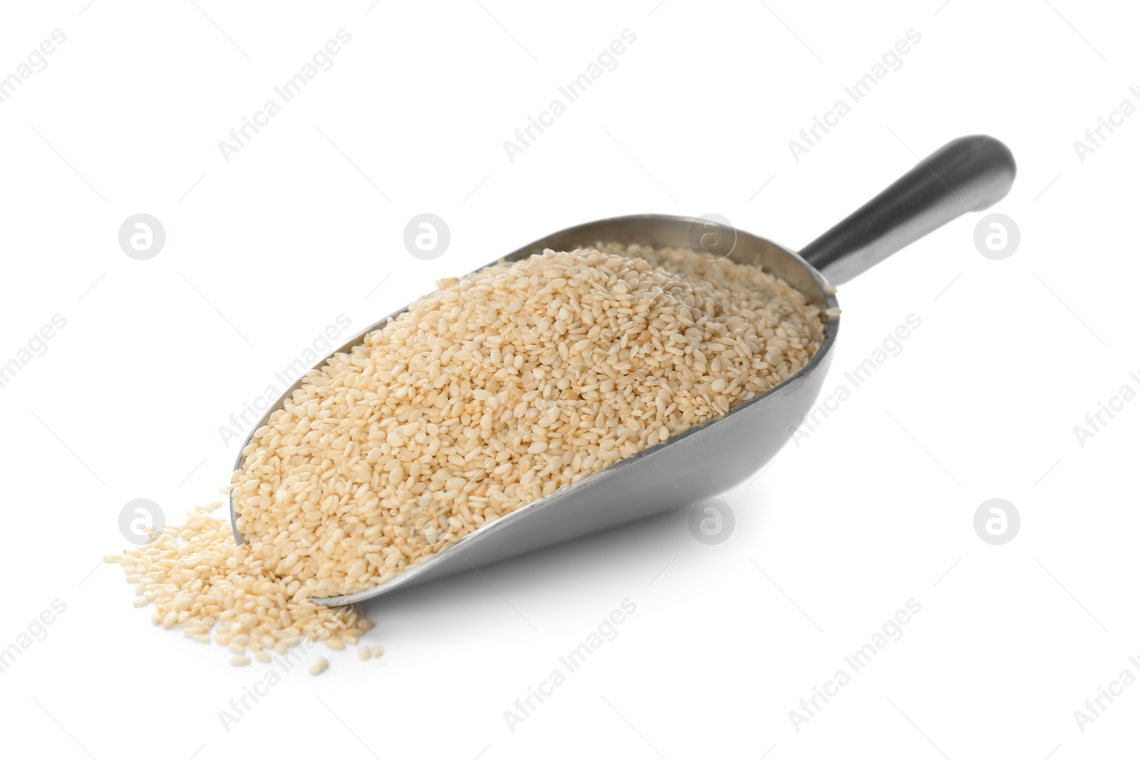 Photo of Metal scoop with sesame seeds on white background