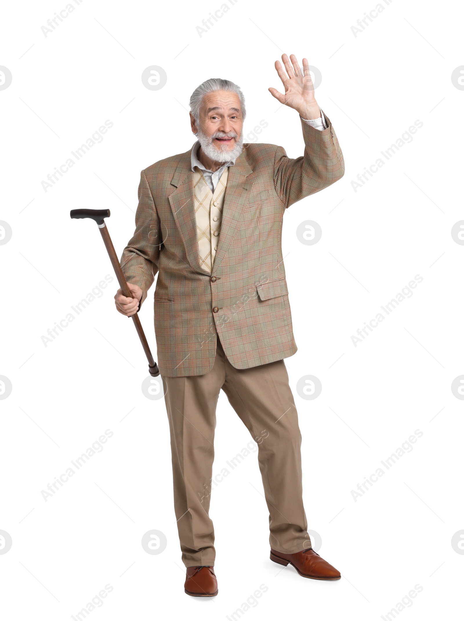Photo of Senior man with walking cane waving on white background