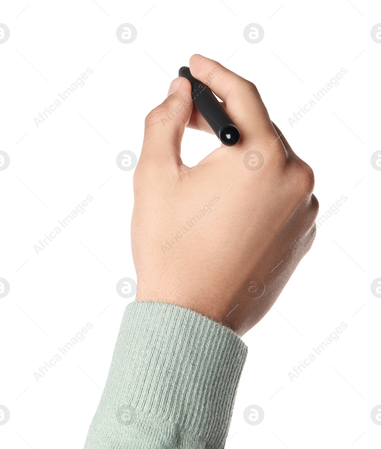 Photo of Man holding pen on white background, closeup of hand