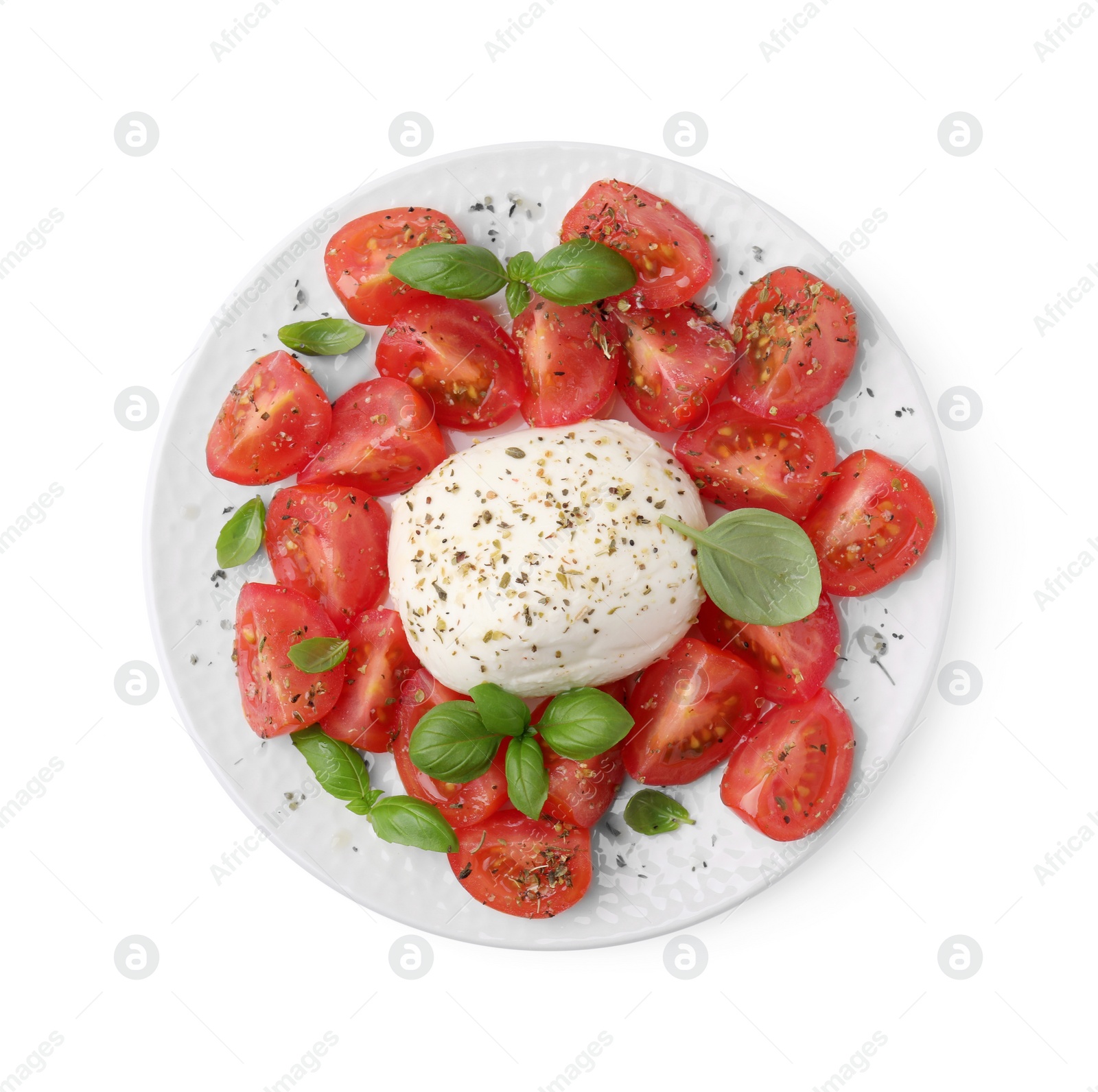 Photo of Tasty salad Caprese with mozarella, tomatoes and basil on white background, top view