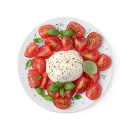 Tasty salad Caprese with mozarella, tomatoes and basil on white background, top view