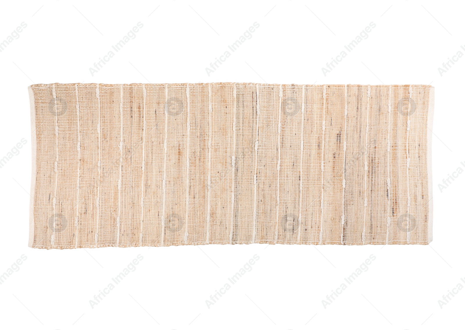 Photo of Stylish beige rug isolated on white, top view. Interior accessory