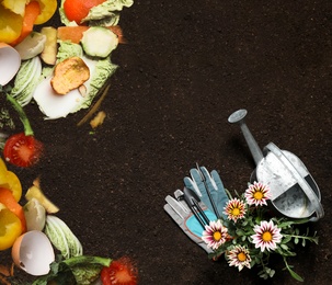 Gardening tools, flower and organic waste for composting on soil, flat lay. Natural fertilizer