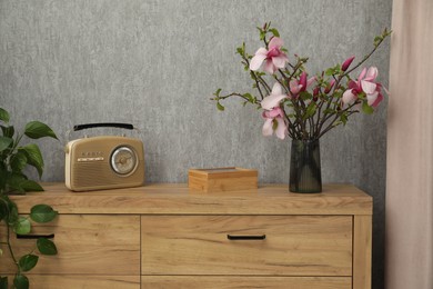 Photo of Magnolia tree branches in vase and retro radio receiver on wooden chest of drawers indoors