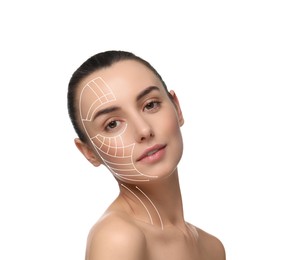 Attractive woman with perfect skin after cosmetic treatment on white background. Lifting arrows on her face