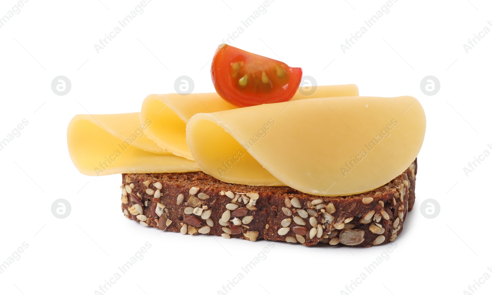 Photo of Tasty sandwich with slices of fresh cheese and tomato isolated on white