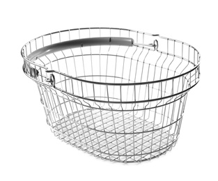 Photo of Empty metal shopping basket on white background