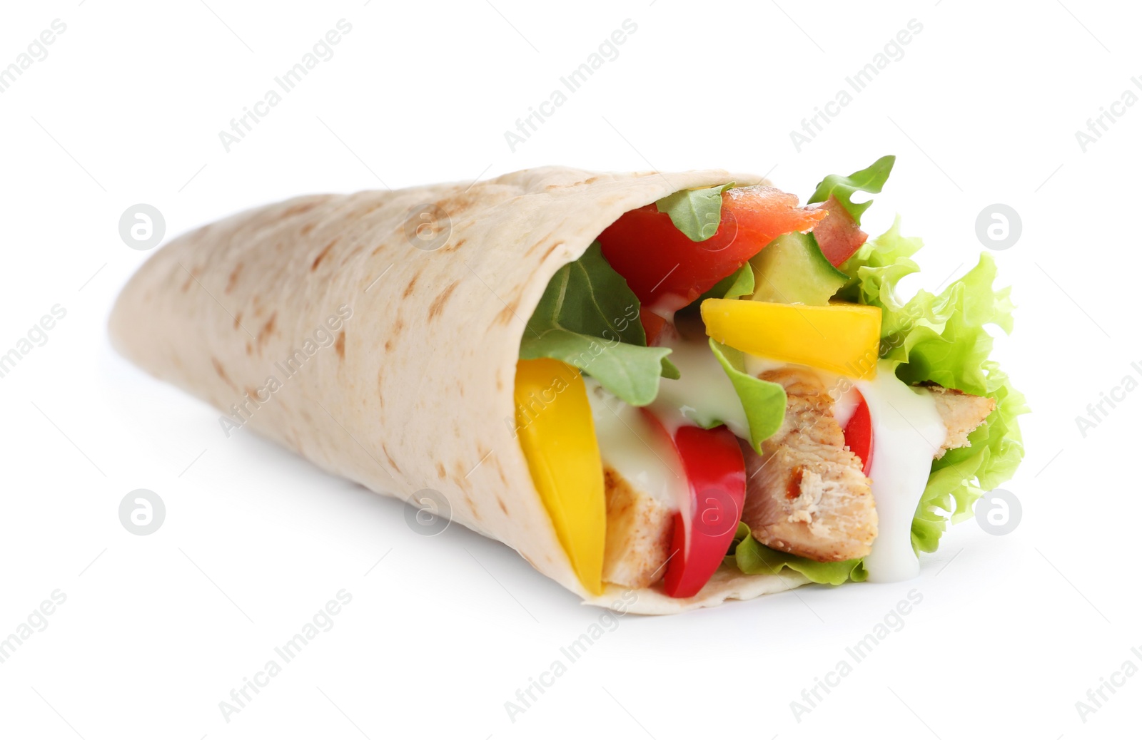 Photo of Delicious meat tortilla wrap isolated on white