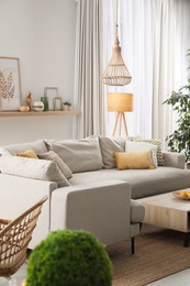 Photo of Stylish living room interior with comfortable grey sofa and different decor elements