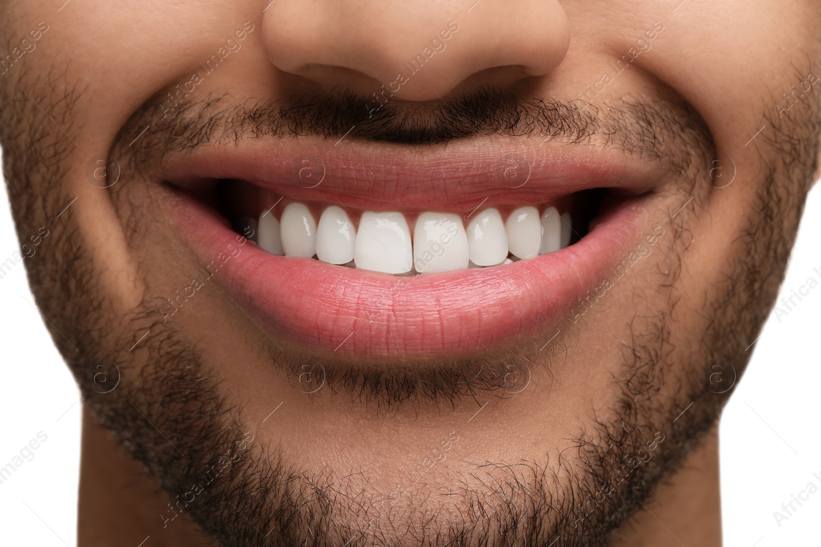 Photo of Smiling man with healthy clean teeth on white background, closeup