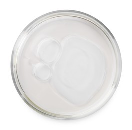 Photo of Petri dish with liquid sample isolated on white, top view