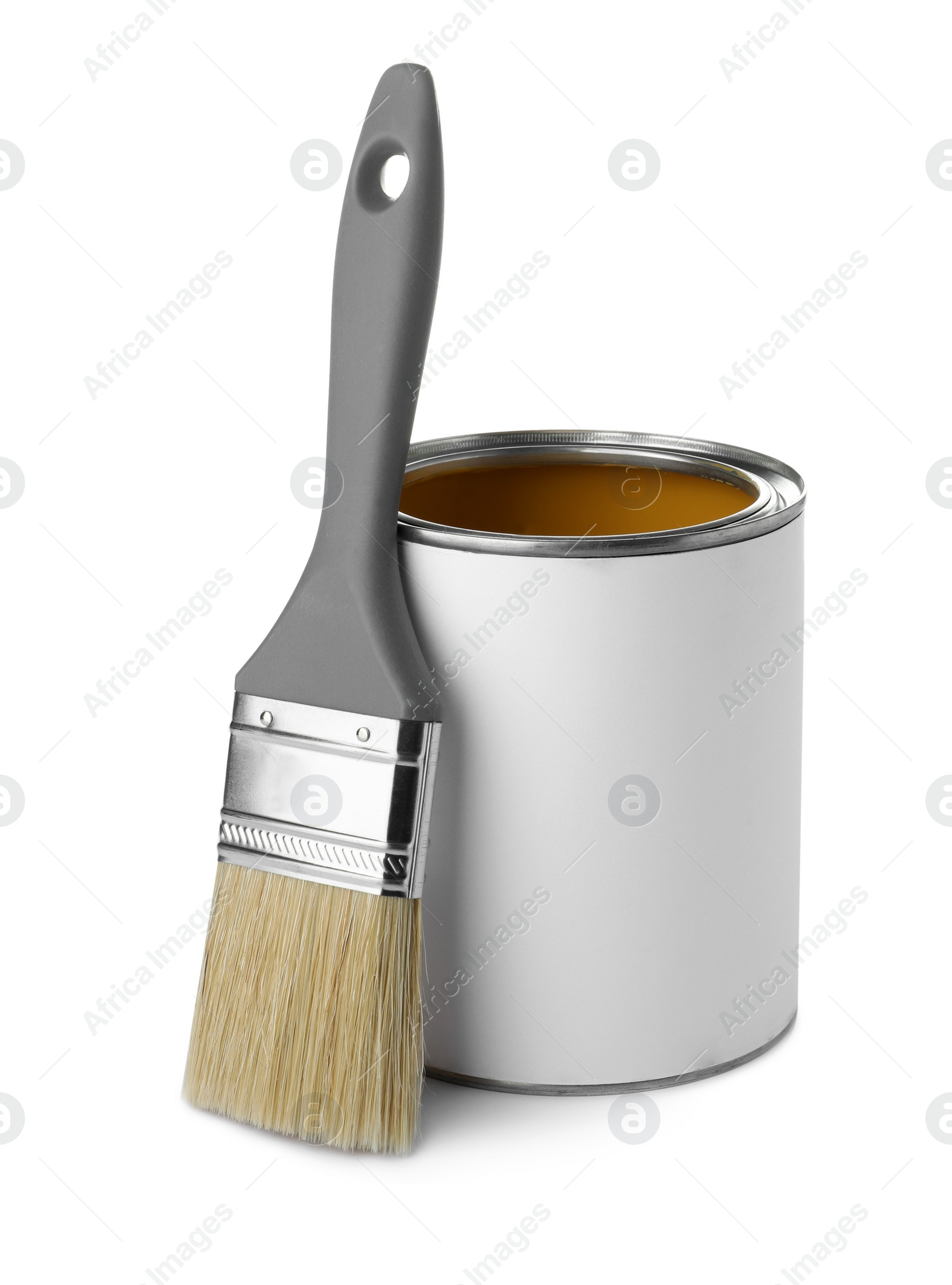 Photo of Paint can and brush on white background