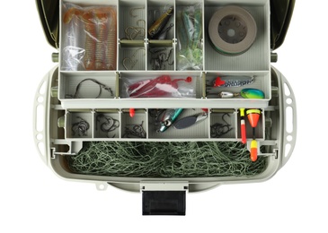 Box with fishing tackle on white background, top view