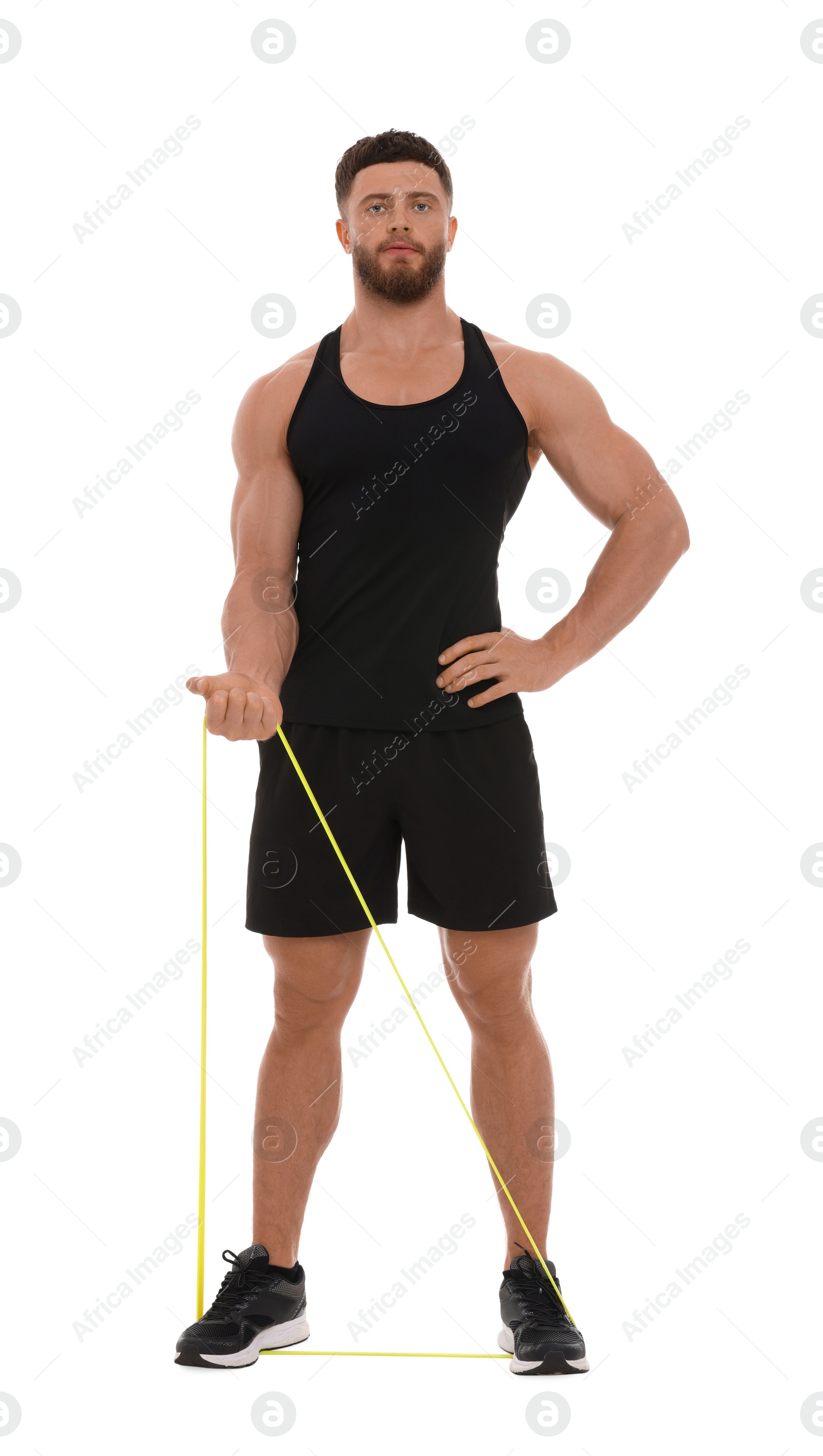 Photo of Young man exercising with elastic resistance band on white background