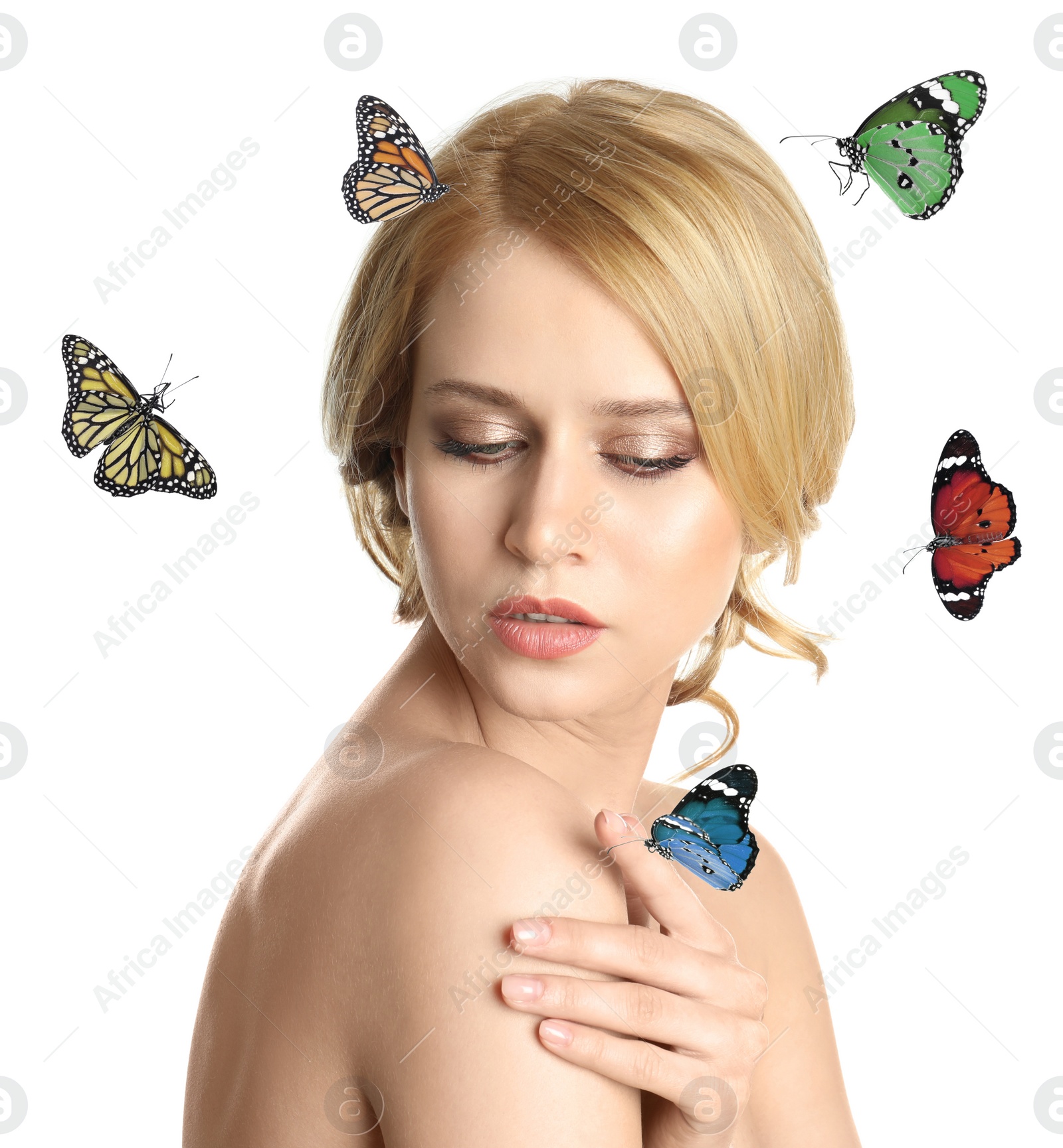 Image of Beautiful young woman and butterflies on white background