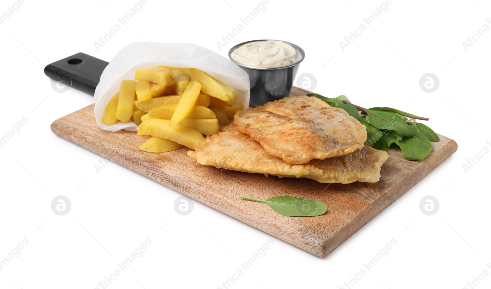 Photo of Delicious fish and chips with tasty sauce and mangold isolated on white