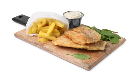 Delicious fish and chips with tasty sauce and mangold isolated on white