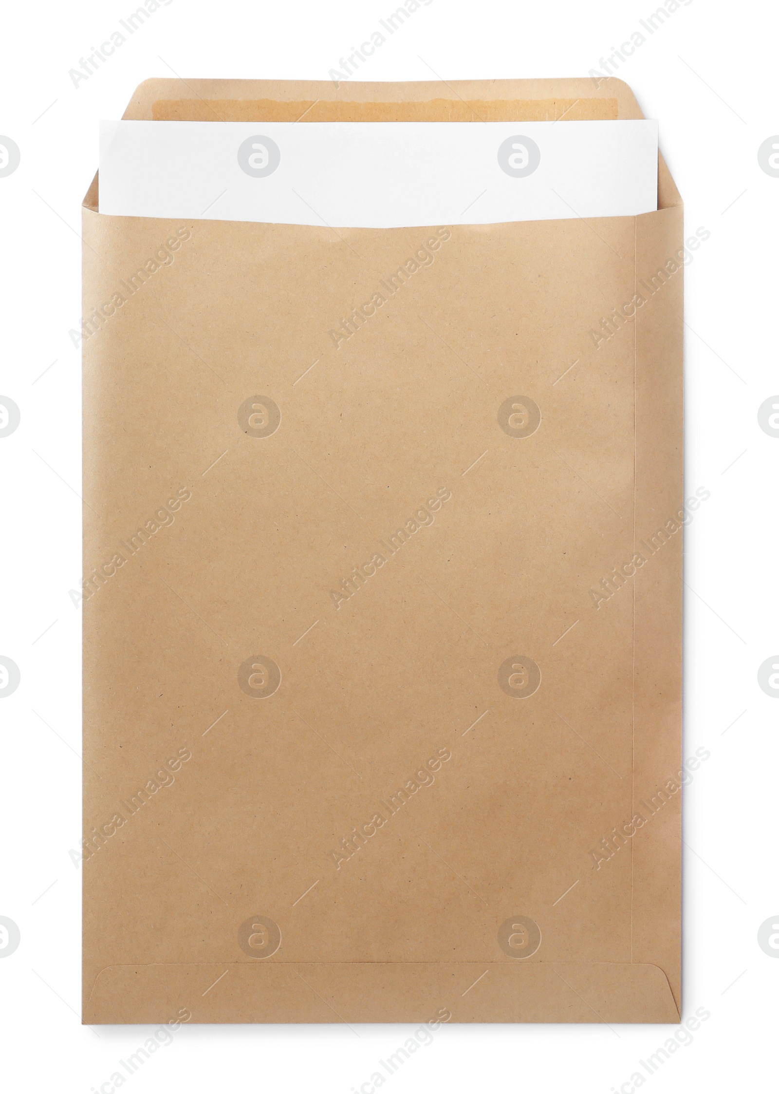 Photo of Kraft envelope with sheet of paper isolated on white